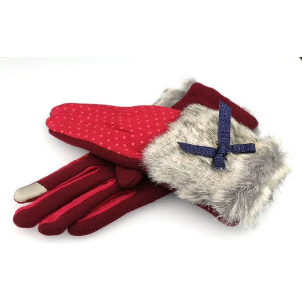 Artofpolo Dámské rukavice s puntíky a kožešinou Červené 65222387