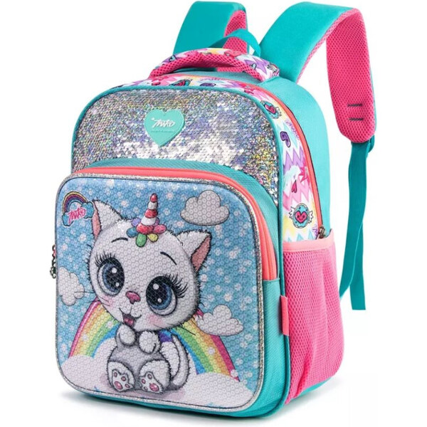 Miko Dievčenský flitrový školský batoh 3D Mačička Zelený 20L 65226269