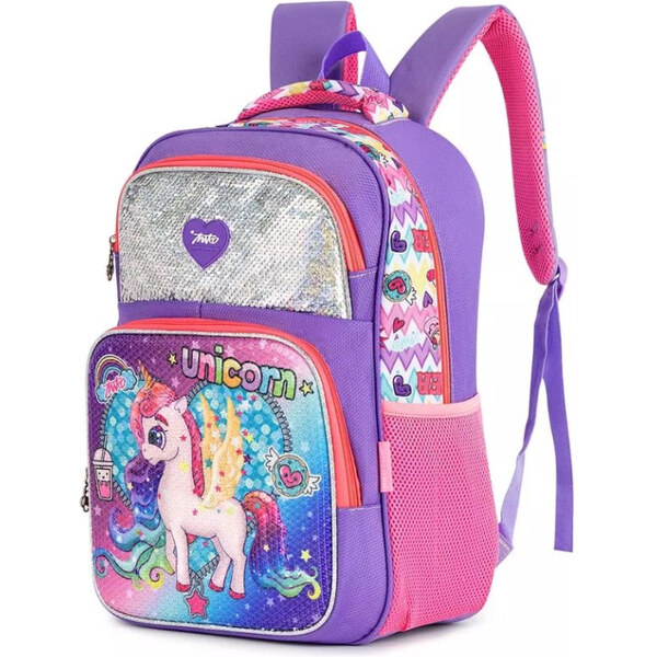 Miko Dievčenský flitrový školský batoh 3D jednorožec Fialový 20L 65226270