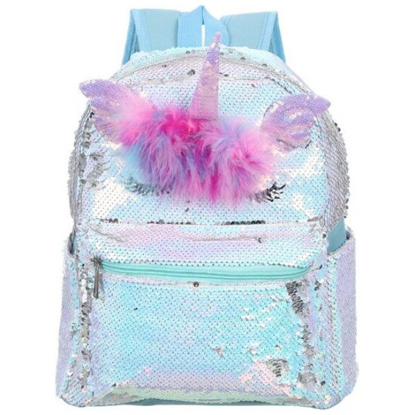 Who Cares flitrový batoh jednorožec s ofinkou Modrý 12L 65226348