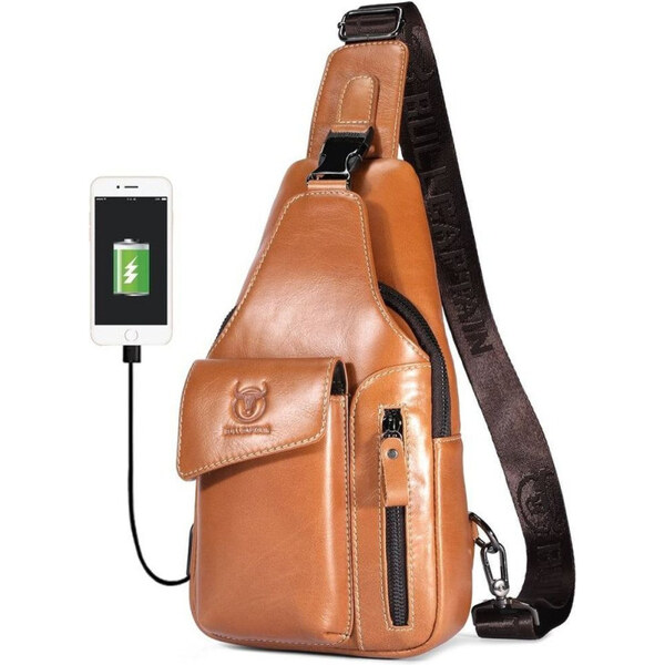 Bullcaptain kožená taška cez rameno s USB Maksim Khaki 5L 65228002