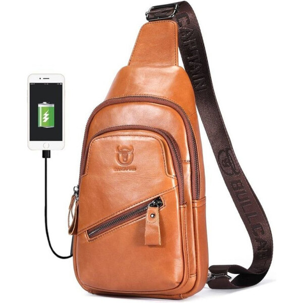 Bullcaptain kožená taška cez rameno s USB Makar Khaki 5L 65228005