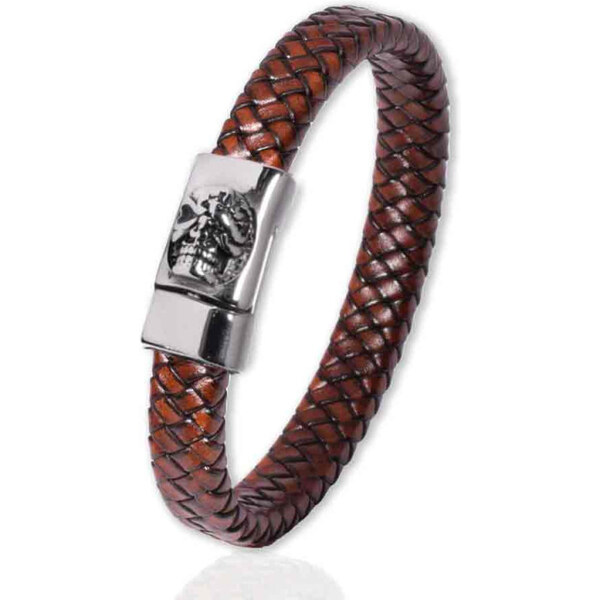 Impress Jewelry Pánsky splietaný kožený náramok Lebka Hnedý 22 cm 65228344