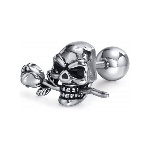Impress Jewelry Oceľová šróbovacia náušnica Lebka s ružou Strieborná 65228765