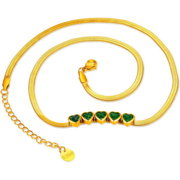 Titan Jewerly Dámsky nerezový plochý náhrdelník so zelenými srdiečkami 65229304