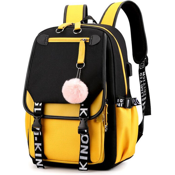 Lifestyle Dievčenský teenager školský batoh s USB Žltý s brmbolcom 19L 65229606
