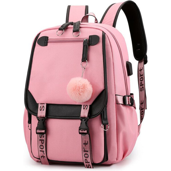 Lifestyle Dievčenský teenager školský batoh s USB Ružový s brmbolcom 65229608
