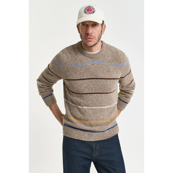 SVETER GANT STRIPED WOOL BLEND NEPS C-NECK DK. SAND MELANGE 65237300