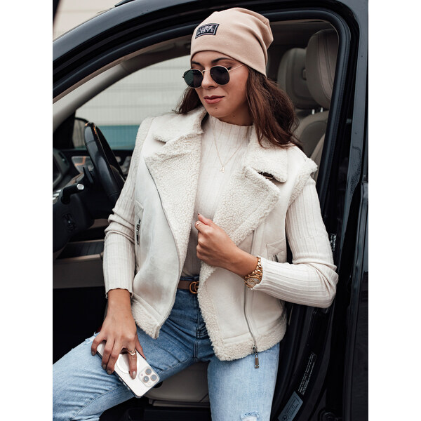 BASIC Dámska smotanová semišová vesta s ovčou kožou WOOLZIP TY4743 58446545