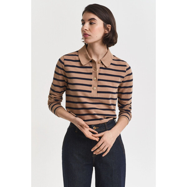POLOKOŠEĽA GANT REG BRETON STRIPED LS PIQUE POLO WARM KHAKI 64944417