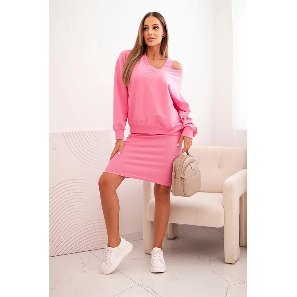 MladaModa Súprava blúzka + vrúbkované šaty model 9450 jasná ružová 49210535