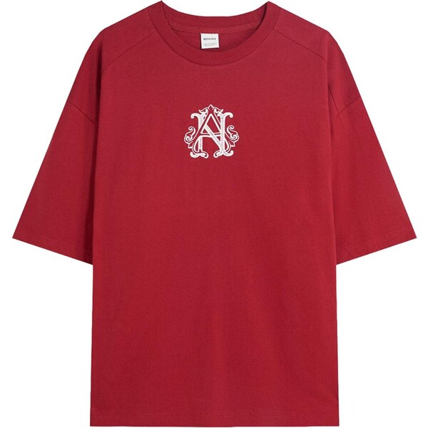 Bershka Tričko tmavočervená / biela 65891307