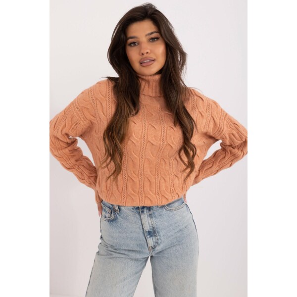 MladaModa Rolákový sveter s ažúrovým vzorom model 44500 oranžový 65626600
