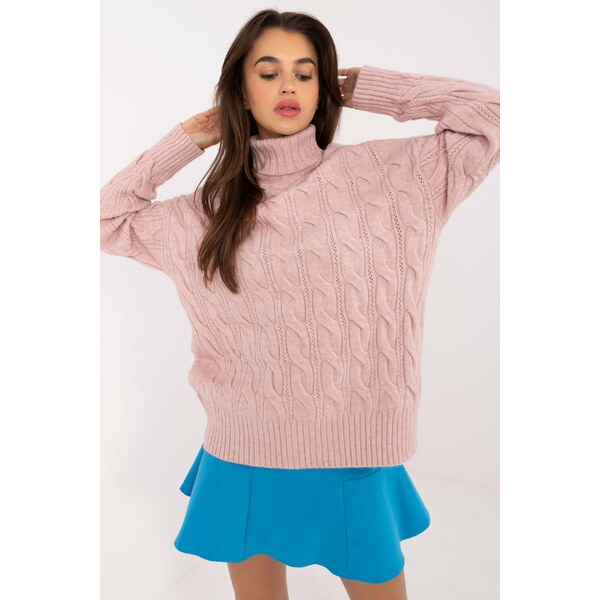 MladaModa Rolákový sveter s ažúrovým vzorom model 44500 pudrovo ružový 65626598