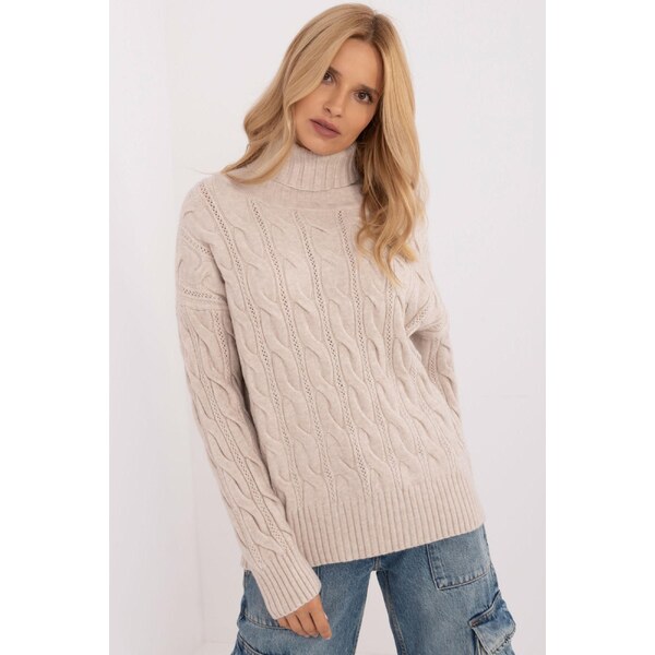 MladaModa Rolákový sveter s ažúrovým vzorom model 44500 svetlý béžový 65626592