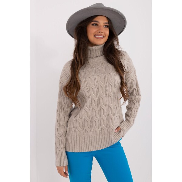 MladaModa Rolákový sveter s ažúrovým vzorom model 44500 svetlý šedý 65626599