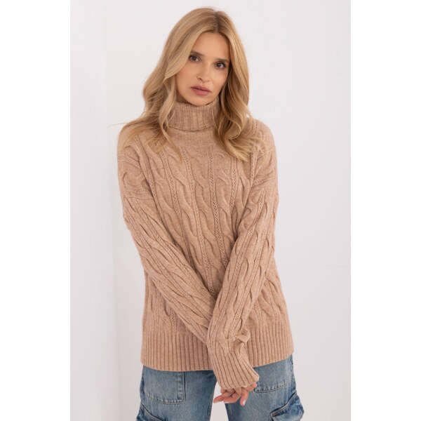 MladaModa Rolákový sveter s ažúrovým vzorom model 44500 farba camel 65626594