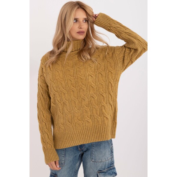 MladaModa Rolákový sveter s ažúrovým vzorom model 44500 farba khaki 65626597