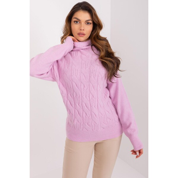 MladaModa Rolákový sveter s vrkočovým vzorom model 40197 farba lila 65626629