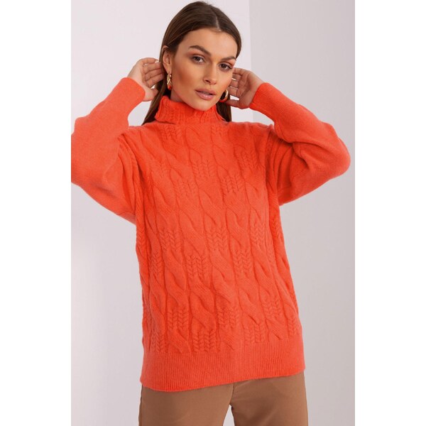 MladaModa Rolákový sveter s vrkočovým vzorom model 40197 oranžový 65626620