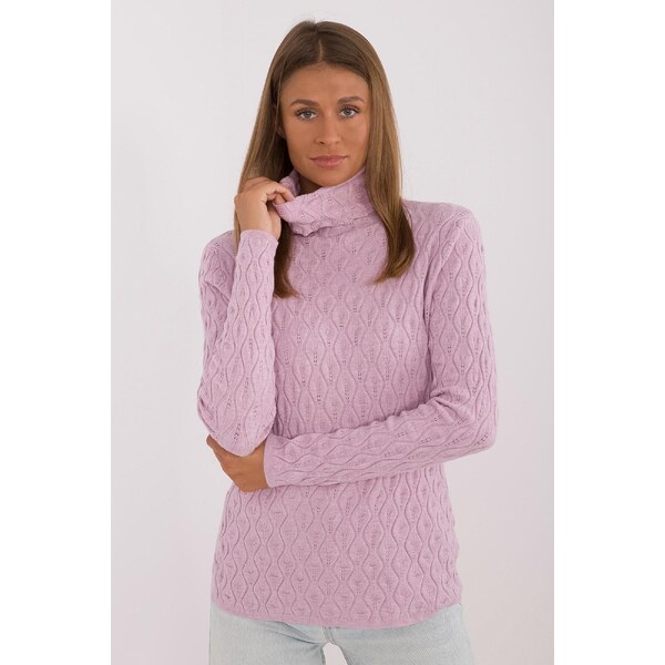 MladaModa Rolákový sveter s ažúrovým vzorom model 34261 farba lila 65626644