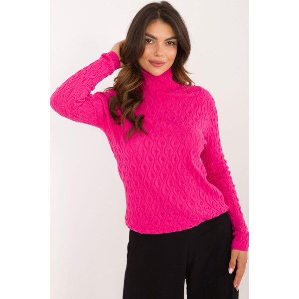 MladaModa Rolákový sveter s ažúrovým vzorom model 34261 fuksiový 65626643