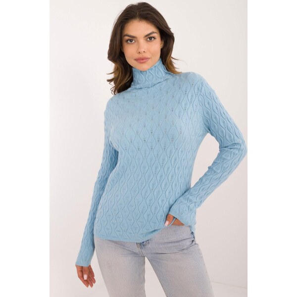 MladaModa Rolákový sveter s ažúrovým vzorom model 34261 svetlomodrý 65626639