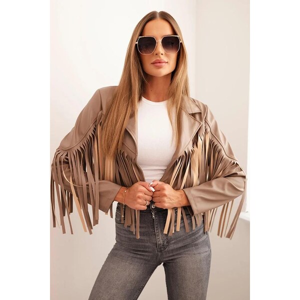 MladaModa Krátka koženková bunda so strapcami model 4359-1 farba fango 65626666