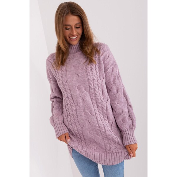 MladaModa Dlhý sveter s vrkočovým vzorom model 67135 farba lila 65291954