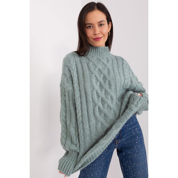 MladaModa Sveter s vrkočovým vzorom a stojačikom model 63204 tmavý 65291967