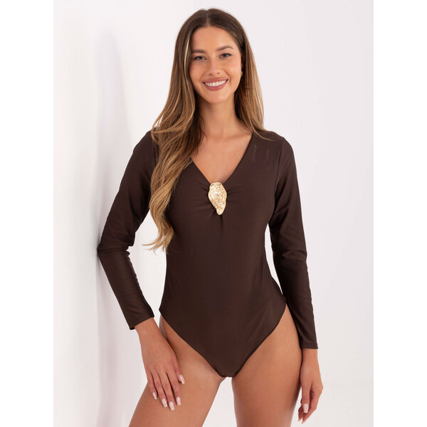 ITALY MODA Tmavohnedé dámske viskózové body s dlhým rukávom a zlatou 66150132