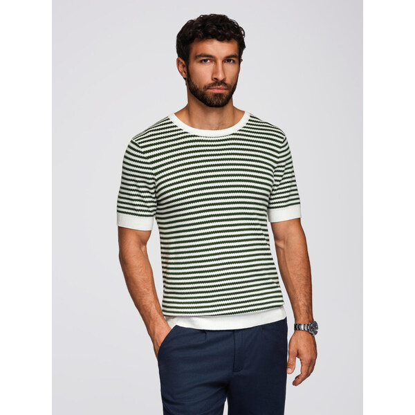 Ombre Mens knitted t-shirt with navy stripes and openwork weave - 64793580