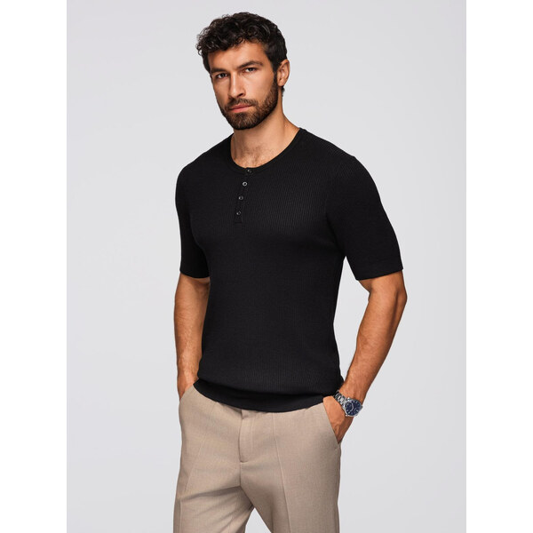 Ombre Mens knitted T-shirt with buttons at neckline - black 64793581