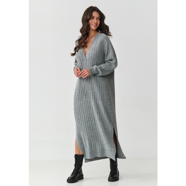 Makadamia Dlhé svetrové šaty s výstrihom do V | šedá S161 65298887