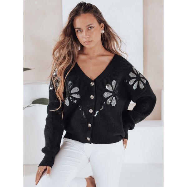 BASIC Čierny dámsky sveter KERINDA s flitrovanými kvetinovými 65351108