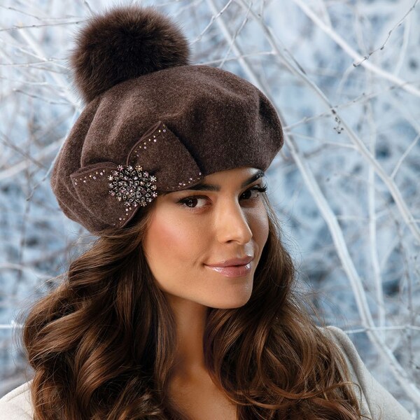 Luxusná zimná dámska baretka zo 100% vlny - hnedý melange s brmbolcom 65360873