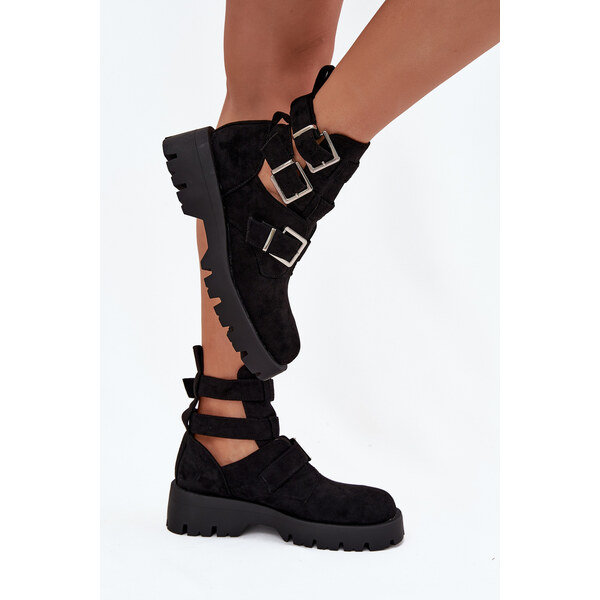 Boto Dámske členkové topánky s pásikmi a striebornými sponami Čierne 65419082