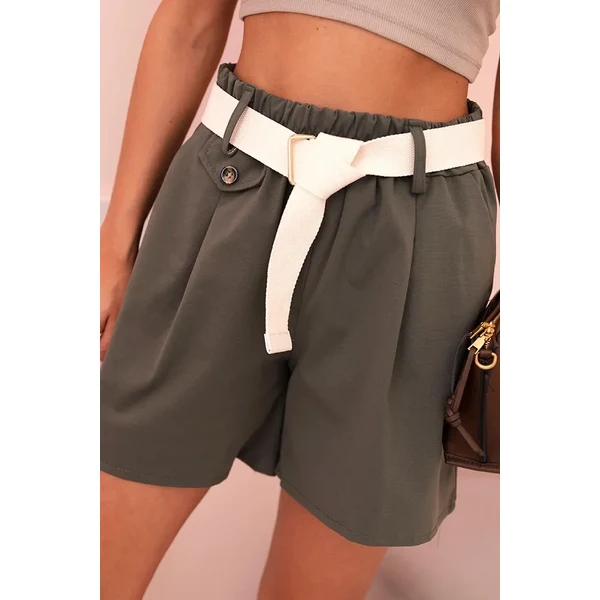 K-Fashion Dámske šortky s vysokým pásom a opaskom khaki 65552674