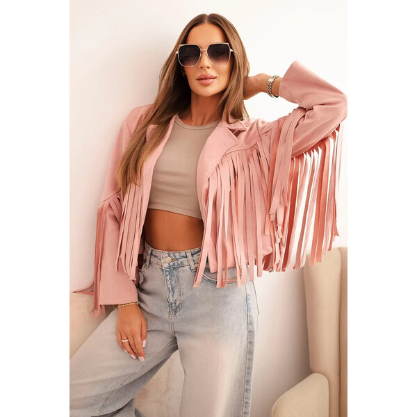 K-Fashion Dámska semišová bunda s strapcami tmavo púdrovo ružová 66086016