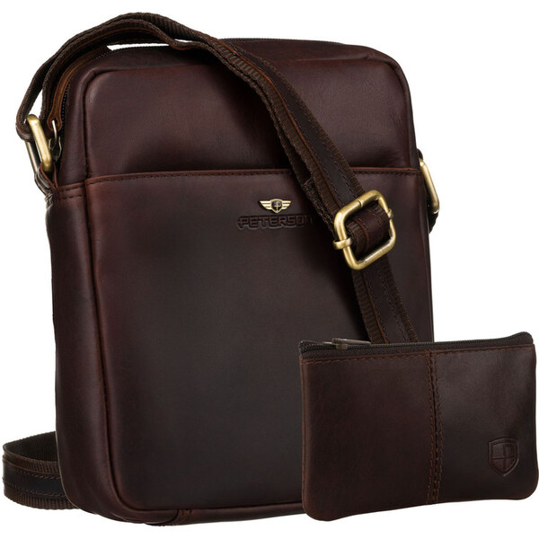 Hnedá pánska kožená taška na rameno Peterson + kožené puzdro na kľúče 65387087