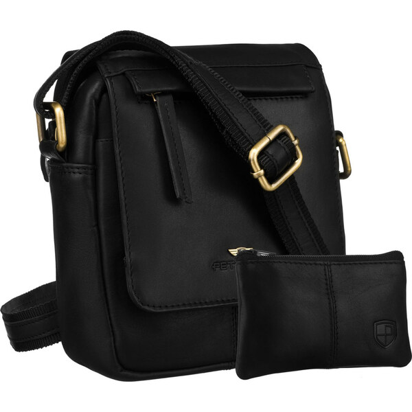 Čierna pánska kožená taška na rameno s klopou + kožené puzdro na kľúče 65387088