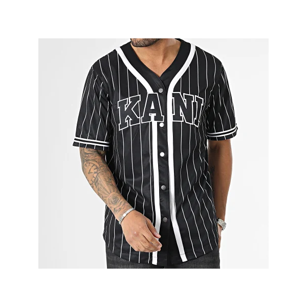 Karl Kani Serif Pinstripe Baseball Shirt Black/White - Pánske - Tričko 66357361