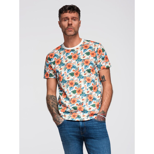Ombre Mens cotton t-shirt with floral full print pattern - white 64793431