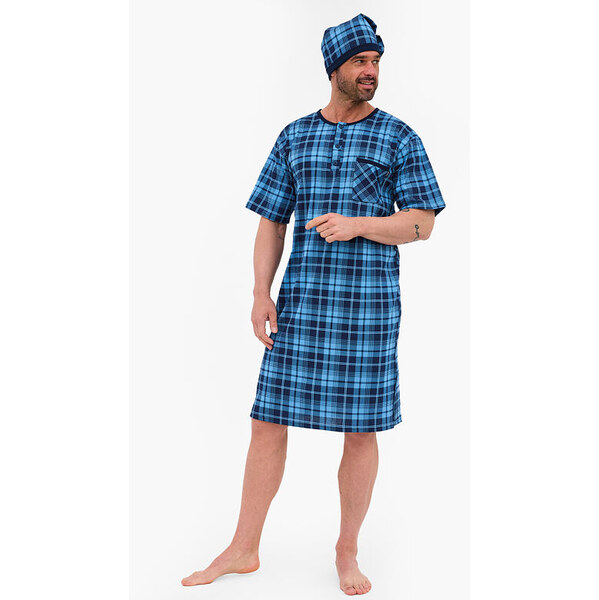 Cornette Pánska nočná košeľa a nočná čiapka Alex modré káro 65476920
