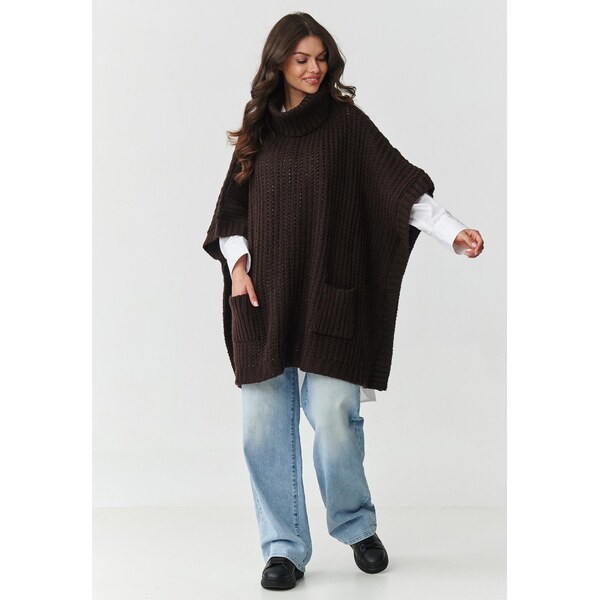 Makadamia Dámsky sveter pončo s rolákom a vreckami | tmavohnedá S160 65412230