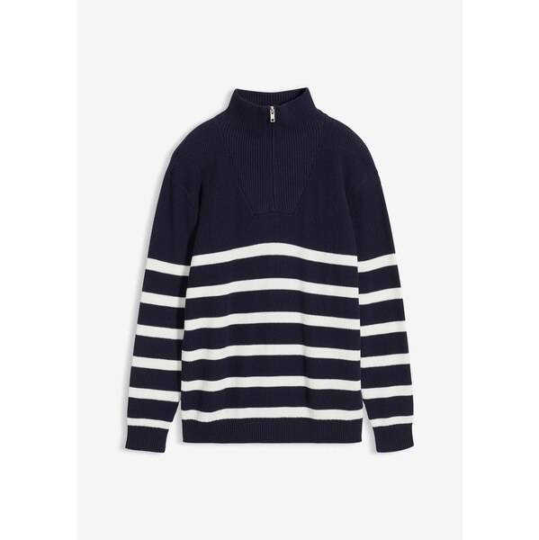 bonprix Pulóver s golierom na zapínanie, z čistej bavlny, farba modrá 65432040