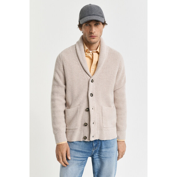 SVETER GANT WOOL BLEND SHAWL COLLAR CARDIGAN LIGHT BEIGE MELANGE 65300319