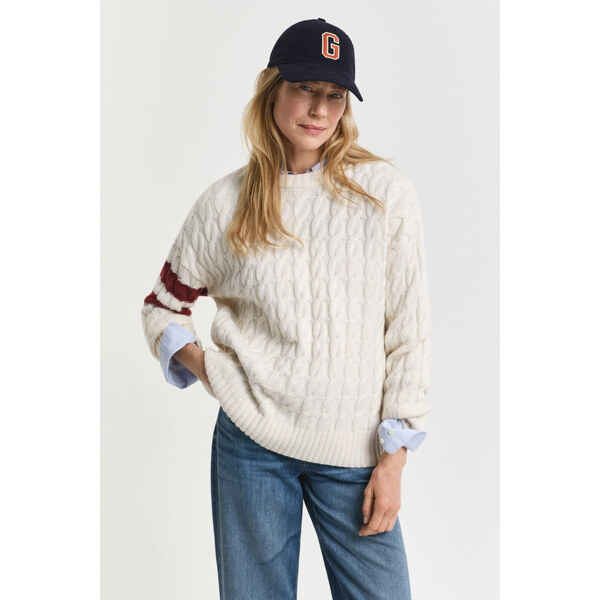 SVETER GANT CONTRAST STRIPED CABLE KNIT C-NECK CREAM 65390967