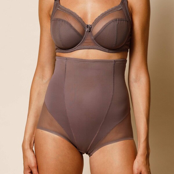 Nohavičky s vysokým pásom, úplet a sťahujúci tyl kávová 036 61916464