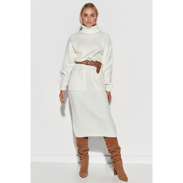Makadamia Pletené šaty s rolákom a vreckami S105 | ecru S105 65458671
